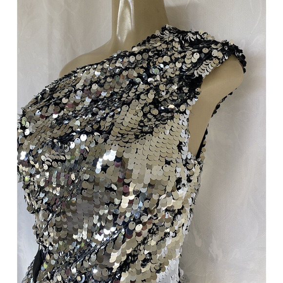 NWT Carven Sequin Dress One Shoulder Silver Metallic Asymmetric Sheath 3… - Picture 5 of 14